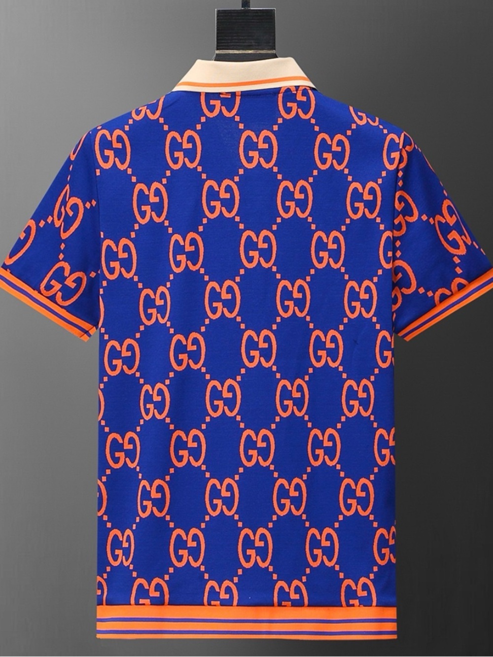 GUCCI Royal Blue Polo with Orange GG Motif and Cream Collar - Picture 2 of 4
